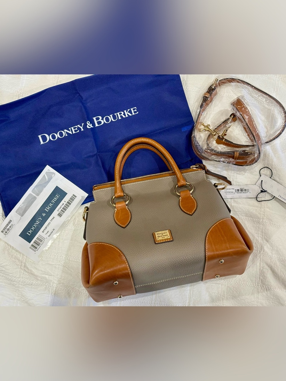 Dooney & Bourke Taupe Pebble with Florentine Leather Satchel with Gold Hardware